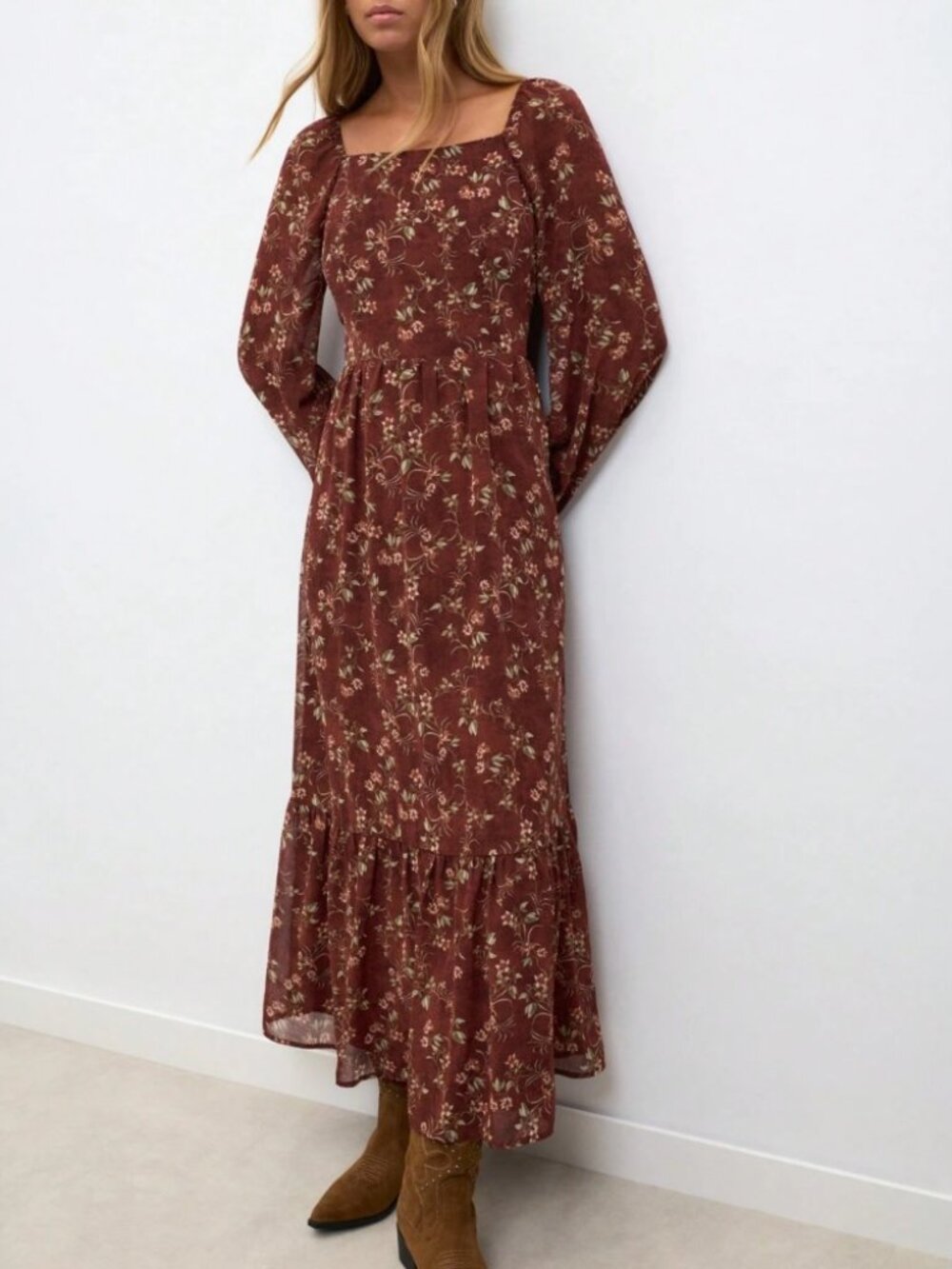Rust Floral Chiffon Maxi Dress with Square Neck